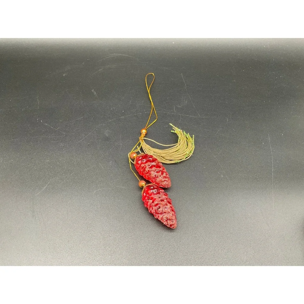 Vintage MCM Red Glitter‎ Pinecone Christmas Ornament with Tassel Gold Japan